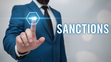 Businessman interacting with virtual sanctions interface