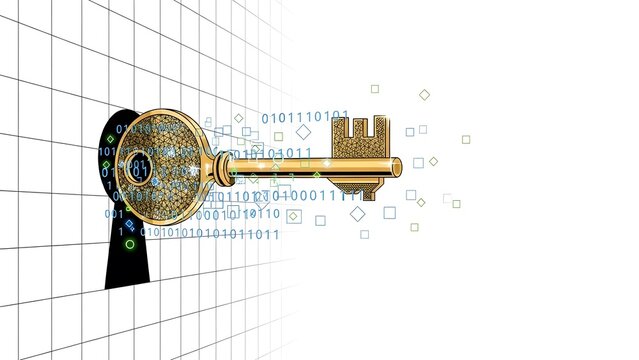 A gold key in keyhole with binary code reveals security and protection concept. The key looks shining, with a complex design - Powered by Adobe