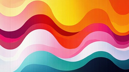 colorful layered wavy bands in warm yellows, oranges and pinks transitioning to cool teals and blues with subtle canvas texture conveying vibrant, playful and soothing motion