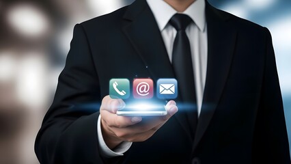 Businessman holding mobile phone with social media icons