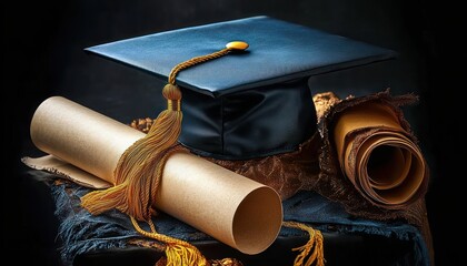 black graduation cap with gold tassel and rolled parchment diplomas on textured fabric, dramatic warm lighting conveying pride and achievement