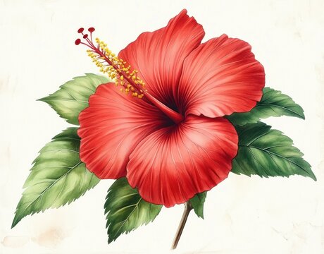 vibrant red hibiscus flower with protruding yellow stamen, glossy green leaves and slender stem on a light background, detailed botanical illustration evoking tropical elegance - Powered by Adobe