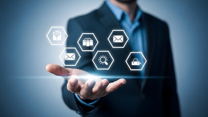 Businessman interacting with futuristic digital interface icons