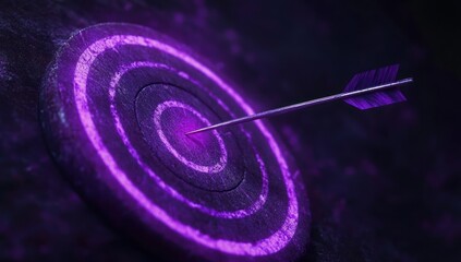 purple glowing target with concentric rings pierced by an arrow in the bullseye conveying focus precision and achievement