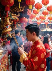 Chinese men praying at the temple 