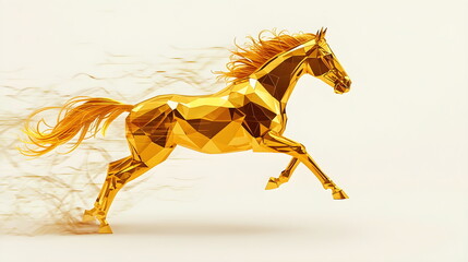 Golden low poly horse running fast with motion blur speed lines