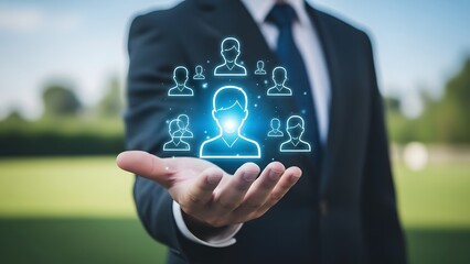Businessman presenting glowing digital icons in his hand