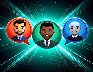 Three diverse male avatars emerge from speech bubbles, vibrant lights