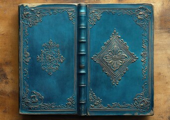 Fototapeta premium ornate teal leather book cover with embossed floral medallions, decorative spine and gilded highlights on an aged gold surface evoking vintage elegance and nostalgia