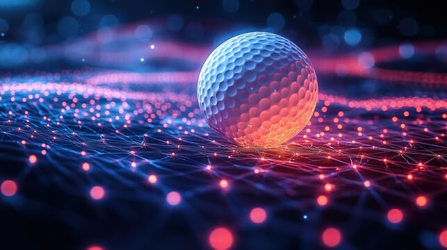 Dimpled golf ball resting on a glowing neon network mesh of connected lights and lines, futuristic blue and pink digital landscape evoking wonder and high-tech intrigue - Powered by Adobe
