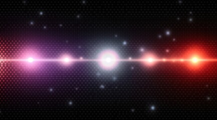 horizontal row of glowing neon orbs and lens flares on a dotted dark background conveying a cosmic futuristic energy