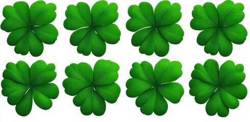 Eight vibrant green clover rosettes arranged in two rows of four on a white background, symmetrical botanical pattern conveying a fresh cheerful lucky mood