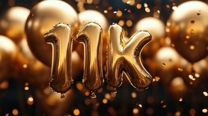 gold foil balloons shaped as 11k surrounded by golden balloons and confetti in a joyful festive celebration