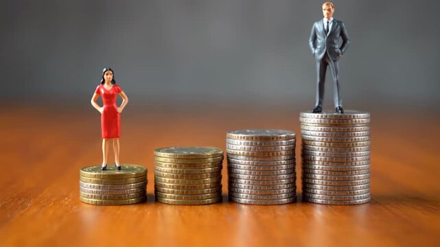 Miniature figures of a man and woman stand on different height of coin stacks highlighting gender pay gap issues on wooden table with grey backdrop.