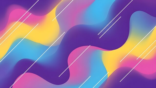 A modern abstract illustration with purple, yellow, blue, and pink wave shapes combined with soft gradients, decorated with white diagonal lines that give a dynamic, bright, and contemporary impressio - Powered by Adobe