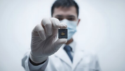 Scientist Holding Microchip with Protective Gear and Masked Face