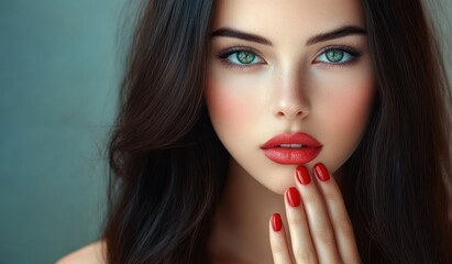 Fototapeta premium Woman with long dark hair and red manicured nails touching her jawline, contemplative and elegant mood