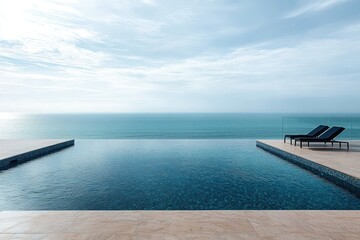 Infinity pool overlooking a calm sea horizon with two lounge chairs on a tiled deck, glass railing and pale sky conveying serene peaceful relaxation