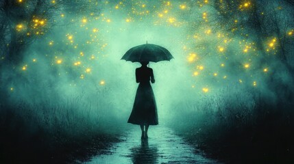 Silhouette of a lone woman in a long dress holding an umbrella on a wet foggy path surrounded by glowing golden lights, evoking solitude and wonder