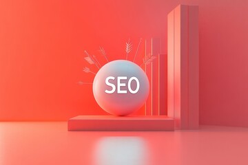 Minimal coral 3D scene with a central sphere labeled SEO, arrows radiating outward, rising bar graph on a pedestal and reflective floor conveying growth and focus