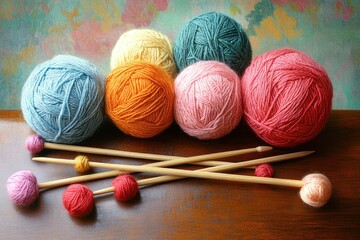 colorful balls of yarn and wooden knitting needles on a wooden table against floral wallpaper, cozy and inviting craft scene