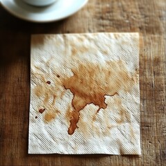 coffee spill on a paper napkin with brown stains beside a white cup on a rustic wooden table, evoking a warm cozy casual morning mood