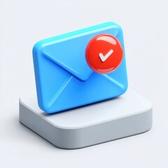 Glossy blue 3D envelope with red checkmark notification badge on white pedestal conveying confirmation and success