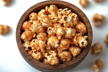 wooden bowl overflowing with glossy caramel popcorn on a clean white surface, scattered pieces around, warm inviting indulgent snack close-up