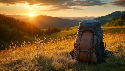 lone backpack resting on a grassy hill at golden sunset with sunburst over rolling mountains, peaceful adventurous mood