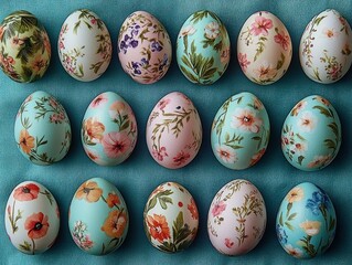 pastel hand-painted floral eggs arranged in neat rows on teal fabric, evoking cheerful springtime charm and delicate handmade decoration