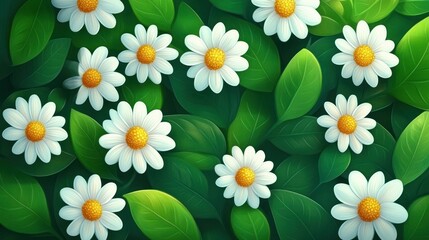white daisy flowers with yellow centers nestled among lush green leaves in a cheerful serene floral pattern