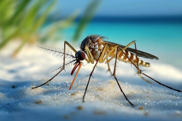 Macro close-up of a striped mosquito on white beach sand with turquoise sea in the background, detailed texture and tense uneasy mood