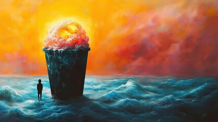 Solitary silhouette standing in teal waves before a towering dark cup holding a glowing cotton candy sun under a fiery orange sunset, dreamlike and awe-filled