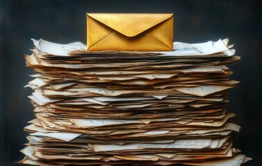 Towering stack of yellowed, torn handwritten papers topped by a gleaming golden envelope, moody dark background, evoking mystery, nostalgia and anticipatory secrecy