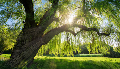 Spring Willow Tree In Bloom Fresh Green Leaves And Sunlight