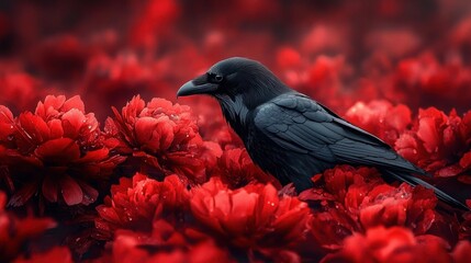black raven perched among vivid red blooms with dewdrops in a moody, mysterious and dramatic atmosphere