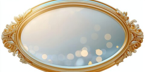 ornate oval gold mirror with decorative baroque leaf and floral carvings, reflective glass showing soft bokeh lights, elegant dreamy luxury home decor on white background