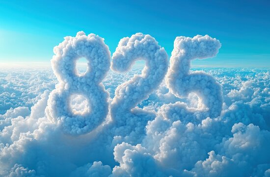 giant fluffy cloud numbers 825 floating above a soft sea of clouds under a bright blue sky, evoking a dreamy peaceful and whimsical mood