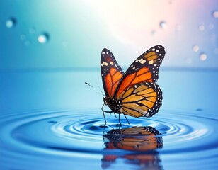 Obraz premium Vivid Monarch Butterfly on Water, Delicate Ripples Reflecting Light
