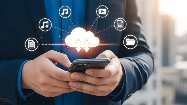 A person holding a smartphone with cloud computing icons - Powered by Adobe