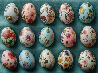 Sixteen hand-painted pastel eggs with delicate floral patterns arranged in a neat grid on teal fabric, evoking joyful springtime elegance