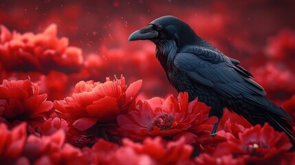 Obraz premium black raven perched among lush crimson flowers with falling petals, evoking a mysterious, melancholic and elegant mood