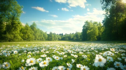 sunlit daisy meadow with white wildflowers, lush green grass and surrounding forest under a bright blue sky evoking peaceful, joyful serenity