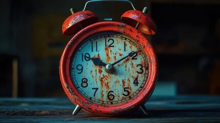 Rusty red twin-bell alarm clock with peeling paint on wooden table, close-up of aged numeric face and hands, moody nostalgic atmosphere