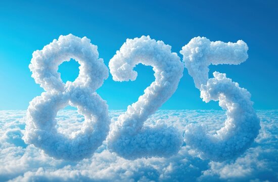 whimsical cloud numerals 825 floating above a sunlit fluffy cloudscape in a serene bright blue sky