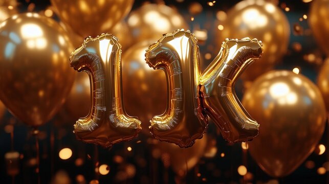 shiny gold foil number balloons forming 11k surrounded by floating gold balloons and warm bokeh lights, festive celebratory joyful atmosphere