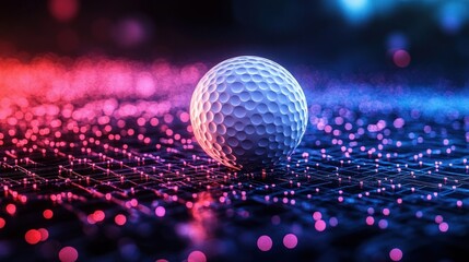 Close-up golf ball on a glowing neon grid with bokeh lights, futuristic moody atmosphere and vibrant pink and blue reflections