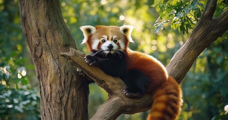 Curious red panda resting on a tree branch in a sunlit green forest, gazing calmly with fluffy tail draped over the wood