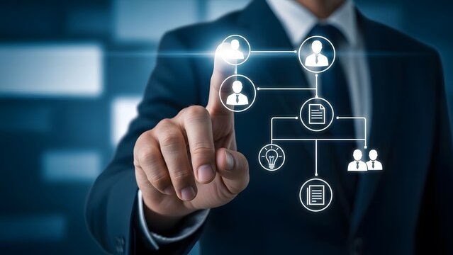 Businessman interacting with digital network diagram - Powered by Adobe