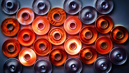 Metallic Gears With Glowing Orange And Red Inner Rings Arranged In A Line